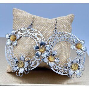 Boho Filigree Daisy Flower Hoop Dangel Drop Lightweight Earrings Glass Stone